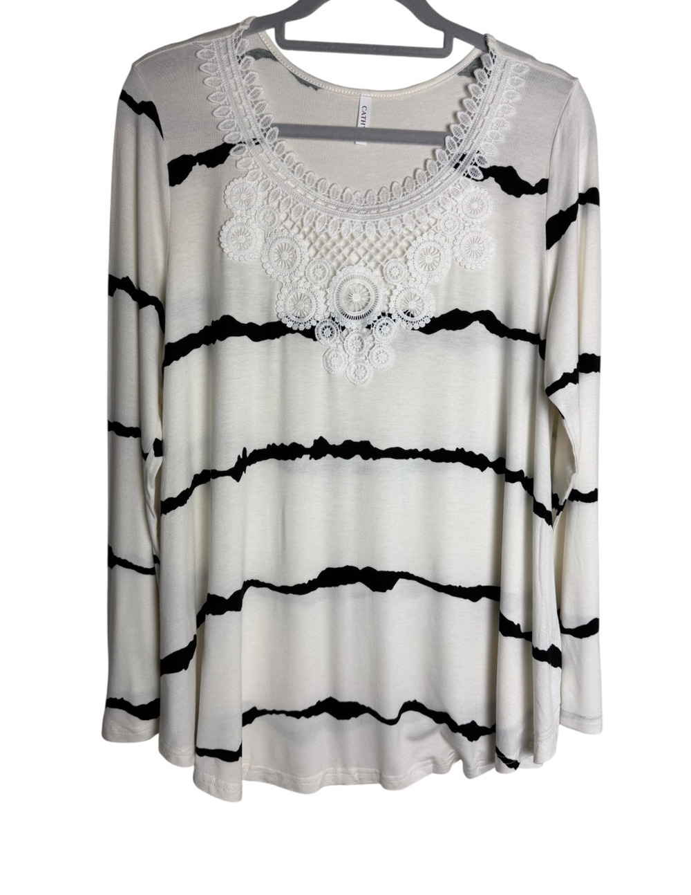 Cathy Ivory Black Tie Dye Stripe Top Crochet Lace Bib Front Long Sleeve Womens L